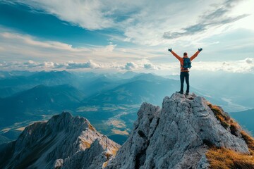 Obraz premium Hiker with arms up standing on the top of the mountain - Successful man enjoying triumph - Sport and success concept