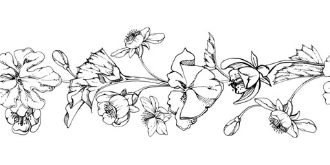 Early spring flowers in dry leaves, white forest cloudberry anemone primrose ephemera, hand drawn vector ink. Seamless banner garland isolated illustration, for wedding, florist shop, scrapbooking