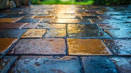 Wet stone paving after rain reflecting light in the evening