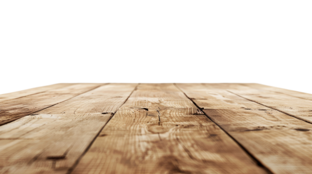 Wooden Table Perspective: A close-up perspective showcases a weathered wooden table, its aged surface and natural grain creating a sense of texture and rustic charm, against a bright background.