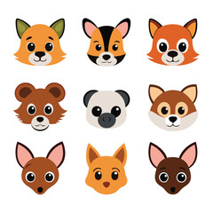 Fototapeta premium Funny cartoon set of cute animal face icons including cat, dog, pig, fox, bear, cow, and tiger vector illustrations