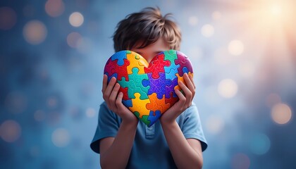 Naklejka premium Child Holds Puzzle Heart, Symbol of Autism Acceptance