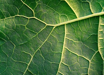Obraz premium Close-up of a green grape leaf with visible veins, a macro photograph. Natural background texture. Stock photo. Close-up of green grape leaves with veins, macro photography. Macro close-up of the vibr