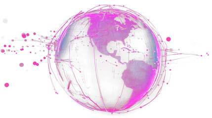 Glowing digital globe with pink data streams, representing global connectivity and innovation. Ideal for telecommunications, IT, and international business concepts.
