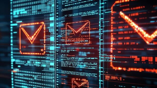 The screen showcases a dynamic dashboard of email traffic analysis. In a detailed overview suious emails are segregated with red highlights while safe communications remain unharmed