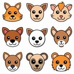 Funny cartoon animal face icons: a cute vector collection of wild and pet character heads including cats, dogs, bears, foxes, rabbits, pigs, lions, and cows