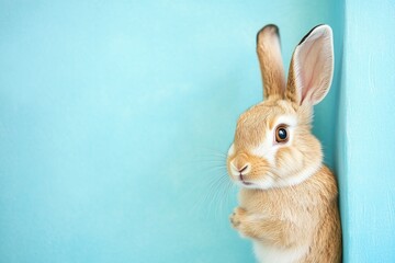 Obraz premium Cute fluffy white rabbit on a blue background