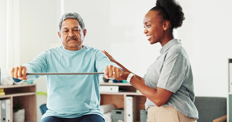 Fototapeta premium Resistance band, physiotherapy and mature man in clinic for consultation with muscle recovery. Injury, healthcare and woman physical therapist for helping senior person with stretch arm exercise