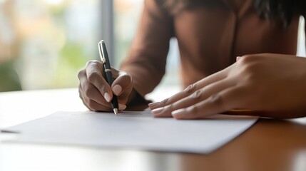Close-up of African American Businesswoman Signing Contract with Elegant Pen