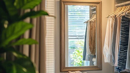 Fototapeta premium A full-length mirror reflecting a cozy dressing room.