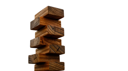 Wooden Blocks Tower: A precarious stack of wooden blocks, a testament to balance and risk-taking, set against a clean background, suggesting concepts of instability and challenge