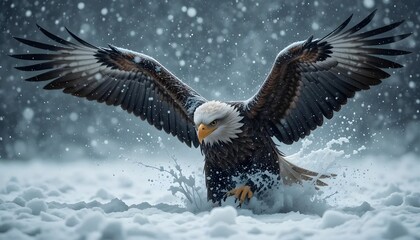 Fototapeta premium Bald eagle landing in snowy water with wings spread wide