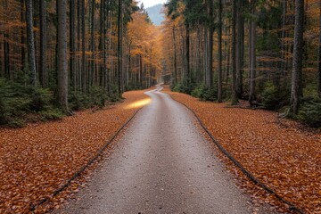 Obraz premium Light peeking through trees on autumn forest path
