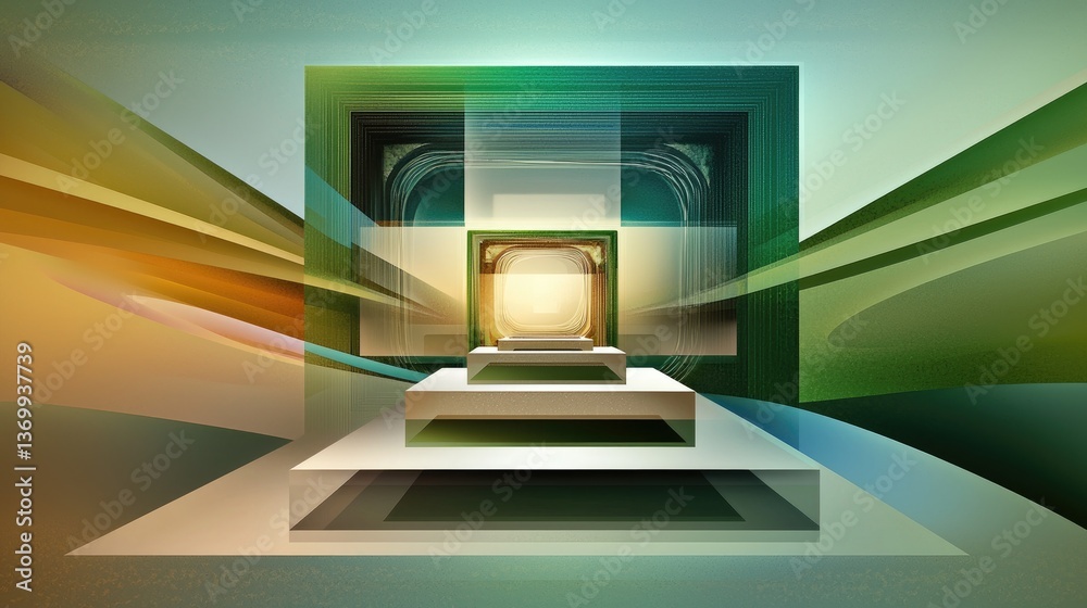 Poster vibrant abstract green design with futuristic 3d layers, floating square elements, and smooth textur