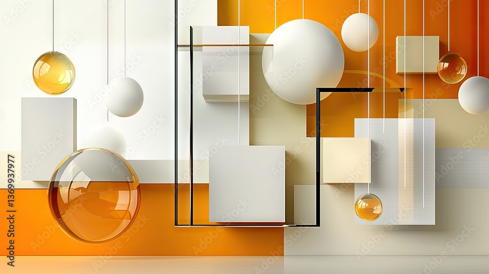 Poster vibrant abstract yellow design with futuristic 3d layers, floating square elements, and smooth textu