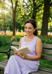 Obraz premium Woman reading book in park, smiling