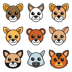 Fototapeta premium Cute animal heads vector collection: funny cartoon cat, dog, fox, rabbit, pig, cow, bear, and panda character icon set