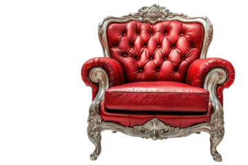 A luxurious red leather armchair with silver ornate frame Isolated on transparent background, PNG