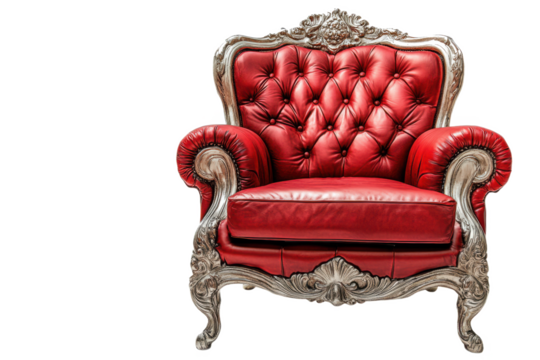 A luxurious red leather armchair with silver ornate frame Isolated on transparent background, PNG - Powered by Adobe