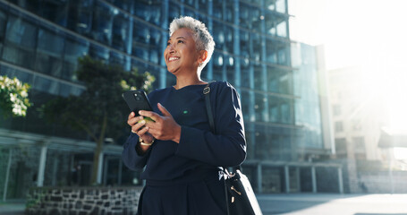 Commute, phone and thinking with businesswoman in city for idea, inspiration or travel. Building,...