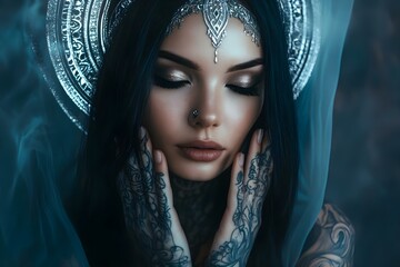 A close-up portrait of a woman with intricate tattoos, a headpiece, and a mystical atmosphere, conveying elegance and serenity. Concept Close-Up Portraits, Intricate Tattoos, Mystical Atmosphere