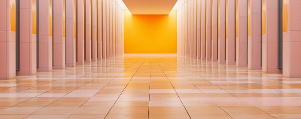 Long Pink Columned Hallway with Yellow Wall and Reflective Floor