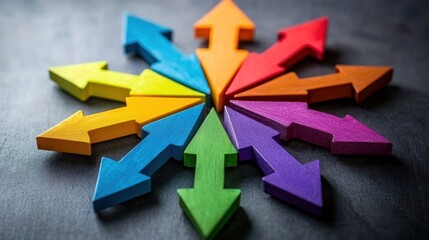 A collection of multicolored arrows converging toward a single teamwork goal.