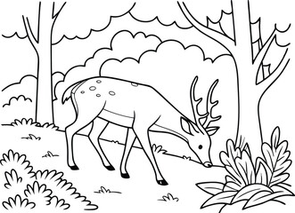 A silhouette of a deer in the forest with other farm and wild animals in a simple vector illustration style coloring book