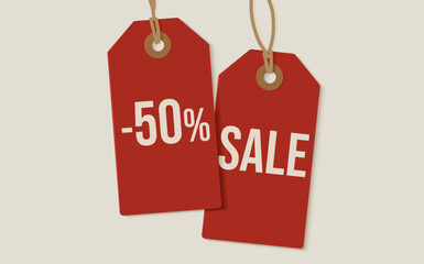 Red Sale Tags with 50 percent discount. Perfect for ecommerce, banners, posters, ads. Attention grabbing promo for sales campaigns, online banners, retail posters. Vector illustration.
