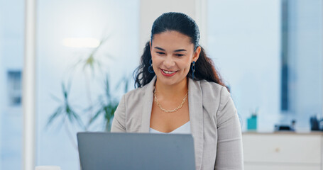 Video call, meeting and business woman on laptop for conversation, online discussion and virtual...