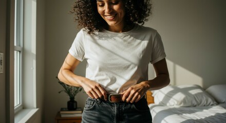 Woman adjusting belt