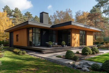 Modern minimalist ranch style private house with mono pitch roof. Walls decorated with timber wood cladding. Residential architecture exterior