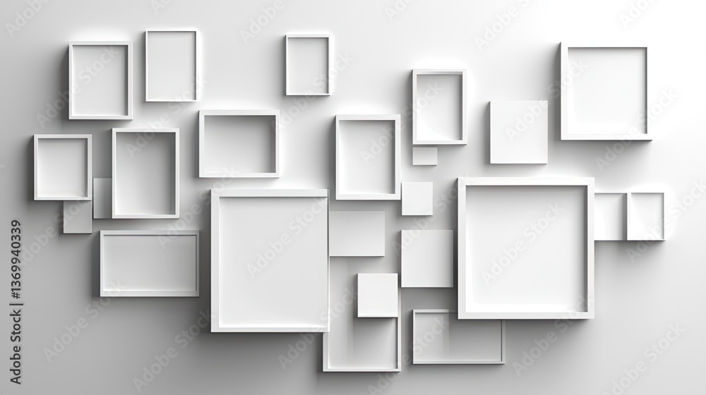 Poster white abstract geometric background with overlapping square layers in a paper cut-out style.
