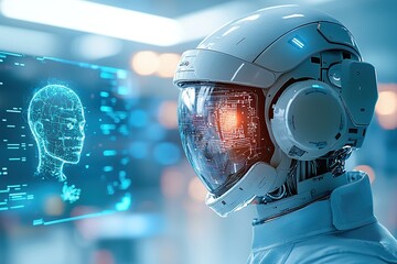 Futuristic robot with a digital interface displaying a human head profile.
