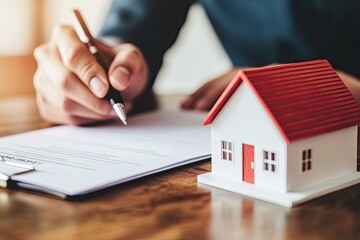 Signing house purchase documents.  A person signs legal papers related to a home transaction.  A small model home is nearby.  Focus on the act of signing