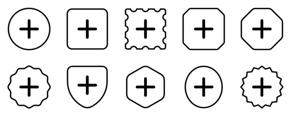 Vector plus positive add mark icon. Black, white background. Perfect for app and web interfaces, infographics, presentations, marketing, etc.