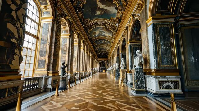 This grand hallway features elaborate ceiling designs and marble busts, illuminated by sunlight streaming through tall windows, highlighting the craftsmanship and historical significance.