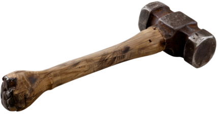Hammer close-up : A powerful, vintage hammer with a wooden handle. Highlighting the tool's unique features.