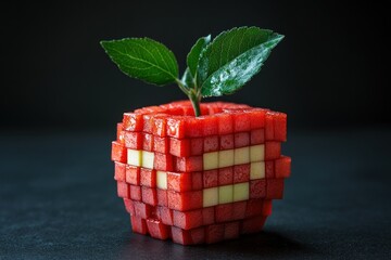Red apple shaped into a cube features a green leaf on top, highlighting a unique fruit carving against a dark setting
