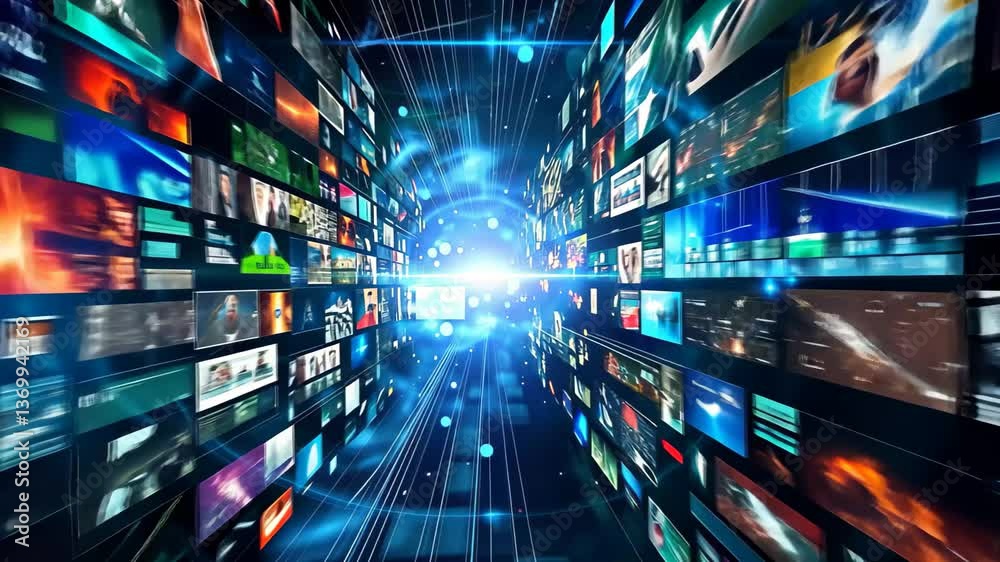 Poster multiple screens displaying a spectrum of multimedia content create an immersive atmosphere, illustr