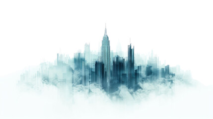 Fototapeta premium Skyline Silhouette: An ethereal silhouette of a modern city skyline, shrouded in a soft, dreamlike mist, creating a sense of mystery and urban beauty. 