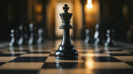 A black chess piece is on a checkered board