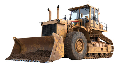 Fototapeta premium Bulldozer in Action: A heavy-duty bulldozer, in a close-up shot. The robust machine is poised, ready to reshape the terrain in this dramatic display of engineering and power.