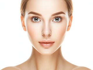 Fototapeta premium Close-up portrait with clear and smooth skin on the face and neck, looking directly at the lens, on a white background, showing elegance and beauty, perfect for commercial use.