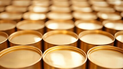 Rows of Golden Aluminum Cans in a Symmetrical Arrangement