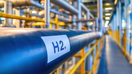 A close-up view of a blue pipeline labeled "H2," set in an industrial environment with yellow piping and a blurred background.