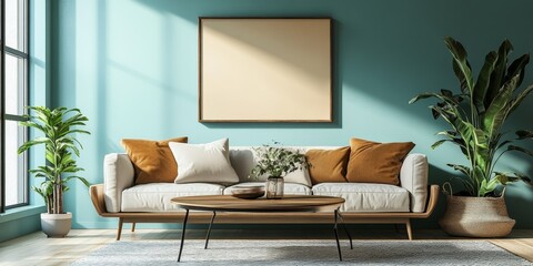 Rustic coffee table near sofa with navy blue pillows in room with brick wall and big black grid windows. Loft home interior design of modern living