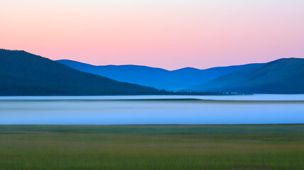 Obraz premium Misty Mountains, Serene Lake at Dawn