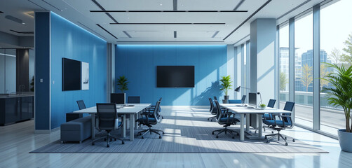 Modern Calming Office Interior with Blue Accents and Sleek Minimalist Design in Natural Light – Generative AI