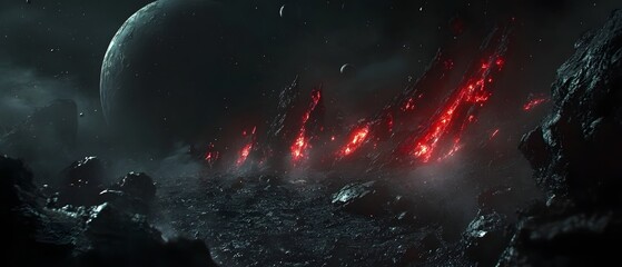 Dramatic space scene with glowing red energy effects